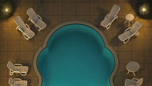 A top-down view of a swimming pool area with a central pool, surrounded by lounge chairs and sunbeds, and small tables. - Luxury 5BR Poolhouse & Theater - 2mins to BTS (Bangkok)