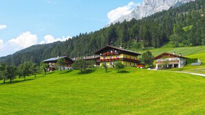 Un chalet de montagne composé de plusieurs bâtiments, entouré de prairies verdoyantes et adossé à une montagne boisée.