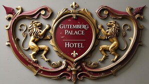 A decorative emblem with the text 'Gutenberg Palace Hotel' surrounded by ornate gold and red elements. - Gutemberg Palace Hotel (Nova Serrana)
