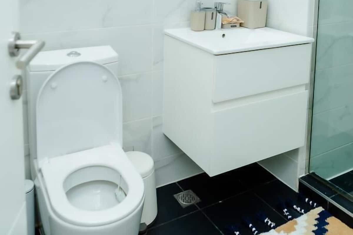Bathtub, towels, soap, shampoo