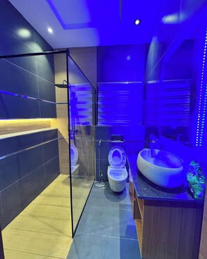 A modern bathroom with a glass shower enclosure, a large sink, and a toilet.