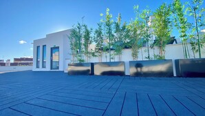 A modern building with a flat roof, large windows, and a paved entrance area with planters containing bamboo plants. - SIENNA Hotel (Rio Maior)