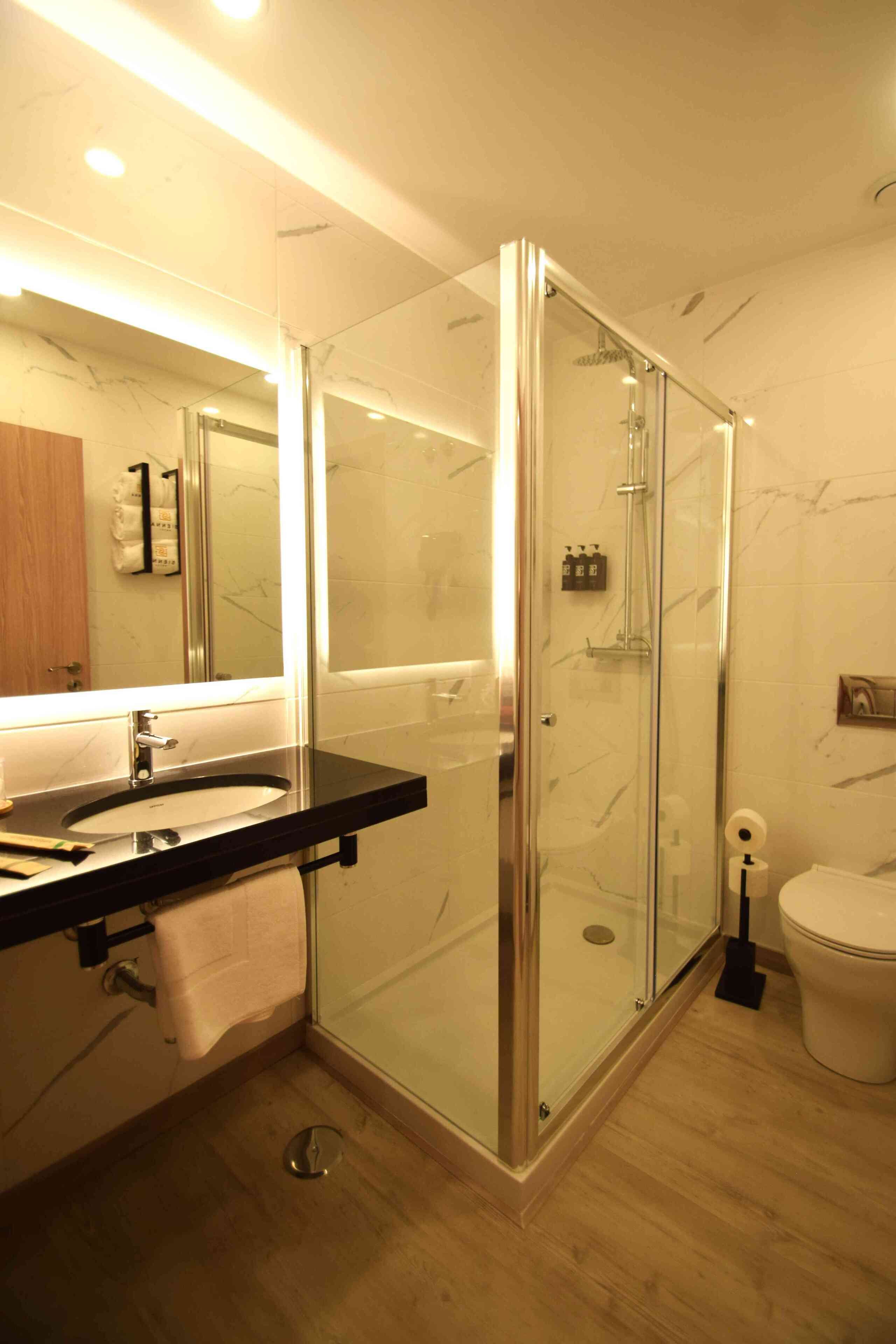 A modern bathroom with a glass-enclosed shower, a sink with a mirror, and a toilet.