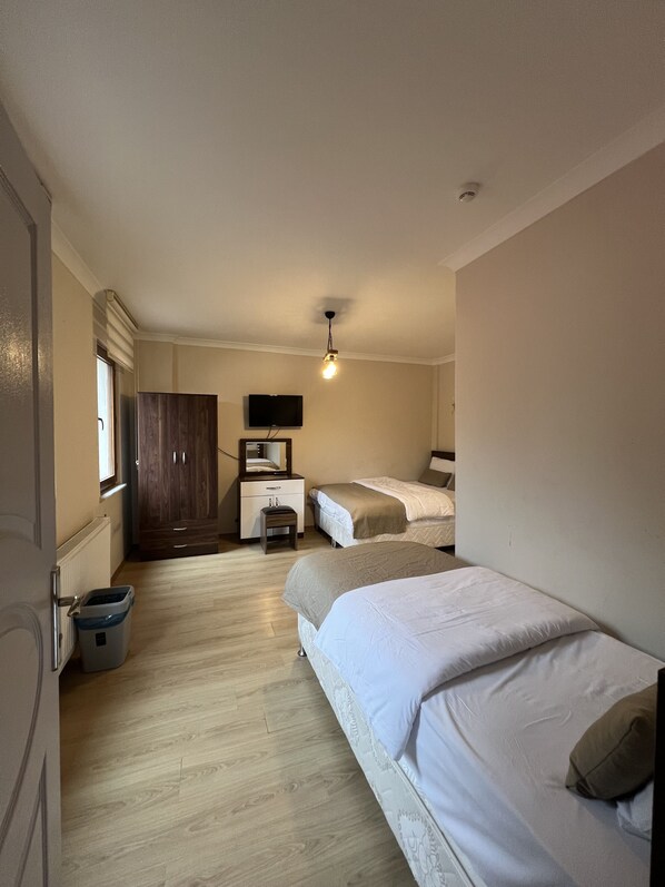 Une chambre avec deux lits, une commode, un miroir et un téléviseur.