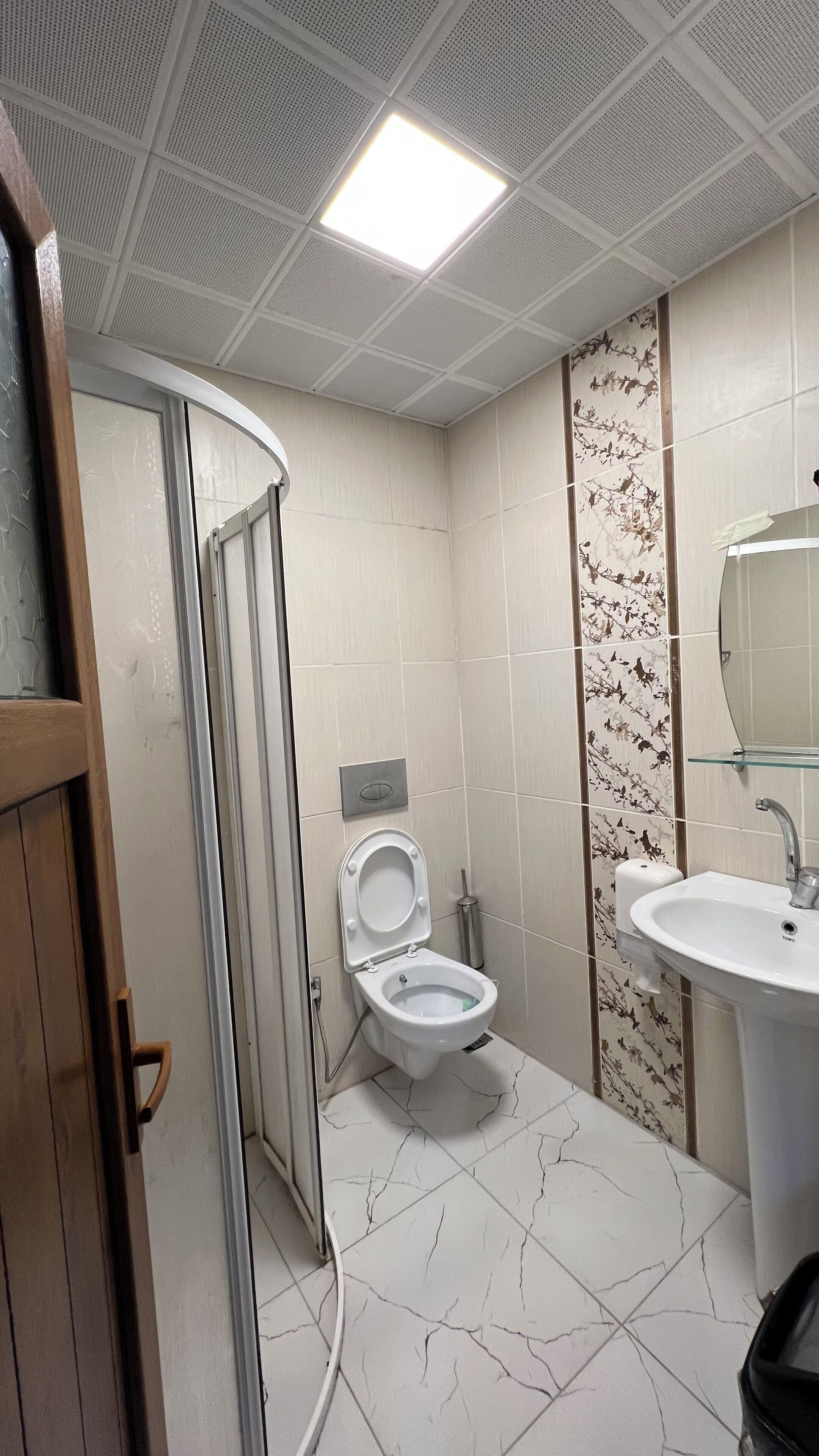 Een badkamer met toilet, wastafel en douche.