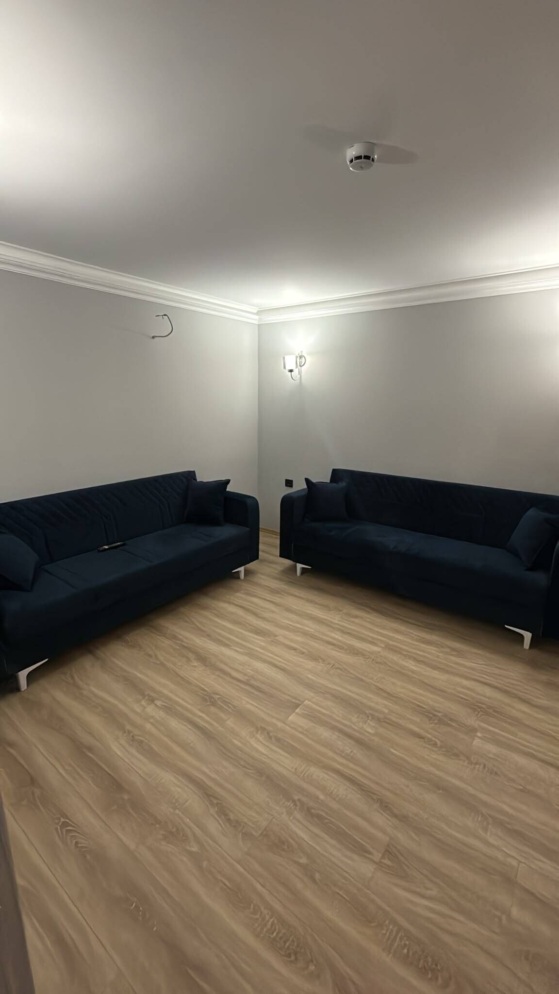 A room with two dark-colored sofas, a ceiling light fixture, and a wall-mounted light.