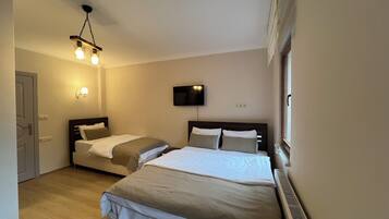 A hotel room with two beds, a TV mounted on the wall, and a ceiling light fixture.
