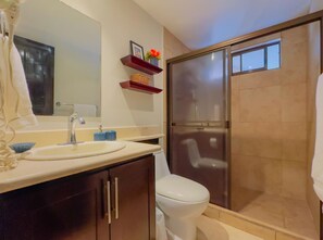 Shower, hair dryer, towels, soap