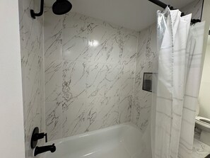 Hair dryer, towels, soap, toilet paper