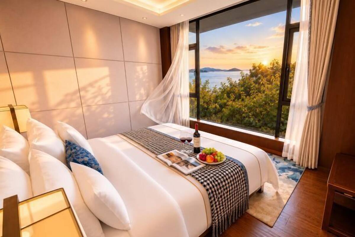 A hotel room with a large bed, a bedside table with a wine bottle, a fruit bowl, and a view of the outdoors.