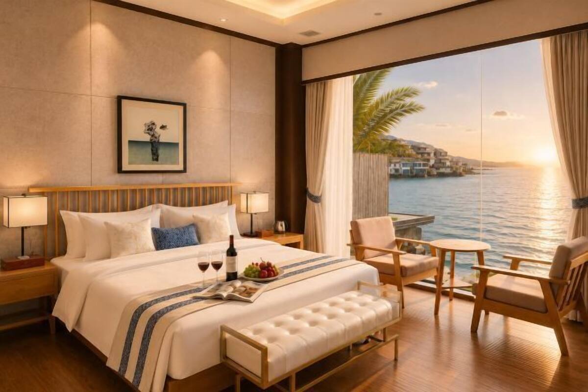 A hotel room with a large bed, two bedside tables, a bench, a small table, a chair, and a view of the sea.