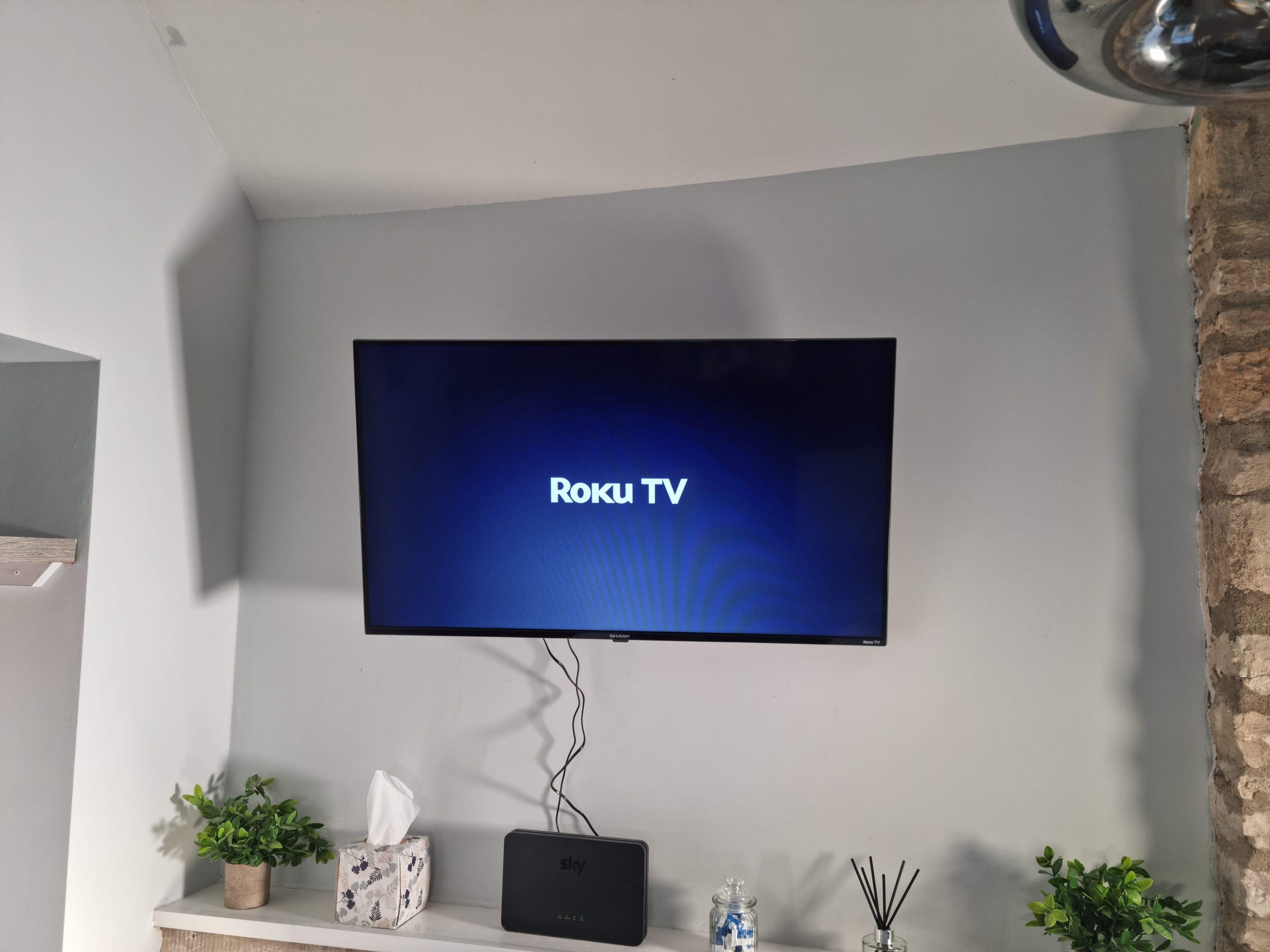 Un téléviseur à écran plat fixé au mur, affichant le logo « Roku TV », une petite étagère avec une boîte de mouchoirs, un routeur Sky et deux plantes en pot.