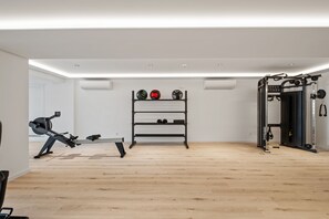 Un gimnasio con equipo de ejercicio, una máquina de remo y un estante con balones deportivos.