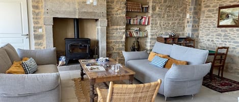 TV, fireplace, table football, books