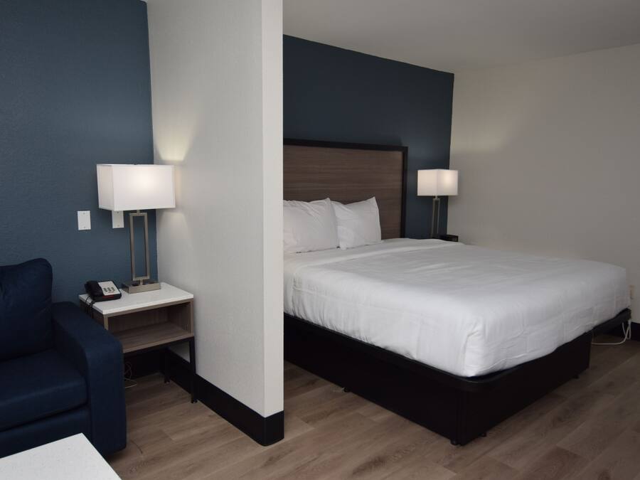 Habitación de hotel con cama, lámparas de noche, escritorio con teléfono y sofá azul.