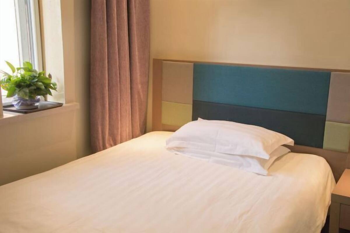 A hotel room with a bed, a window with curtains, and a potted plant on the windowsill.
