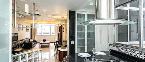 Fridge, microwave, oven, dishwasher