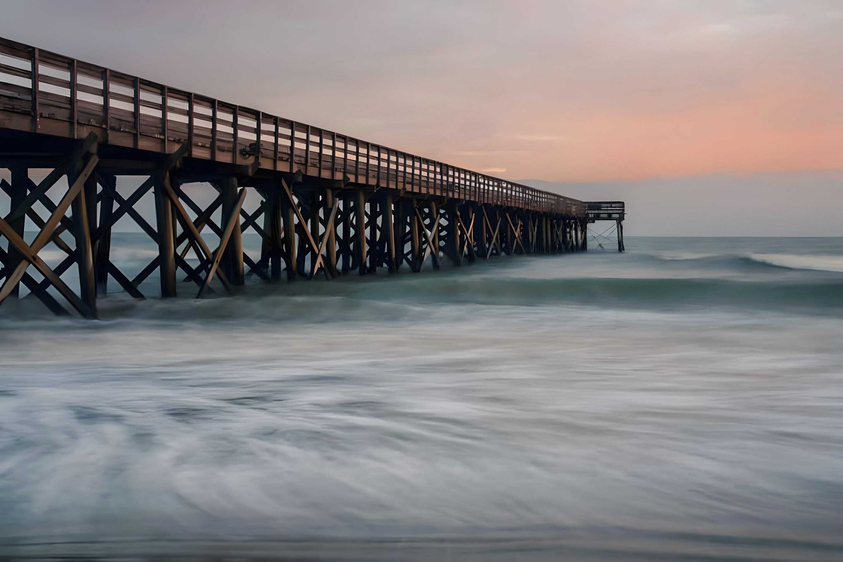 A pier extending into the sea with a wooden walkway and railings.