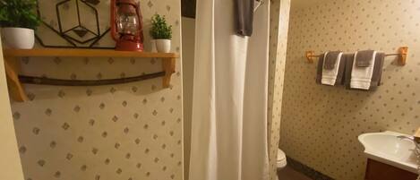 A bathroom with a shower curtain, a toilet, a sink, and a shelf with plants and a lantern.