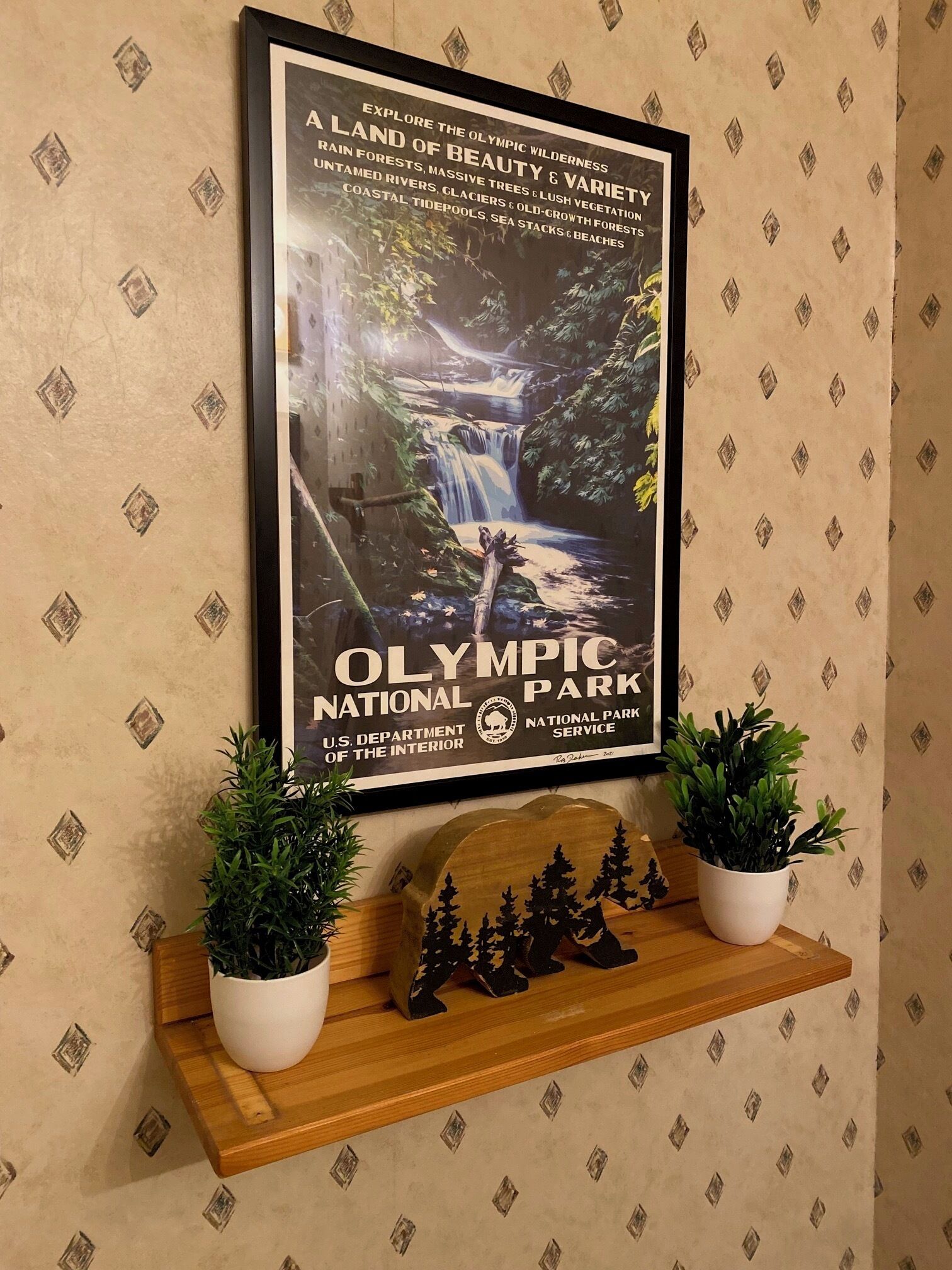 A framed poster of Olympic National Park with a waterfall and forest scene, displayed on a wall with patterned wallpaper. Below the poster, there is a wooden shelf with two potted plants and a small wooden sculpture.