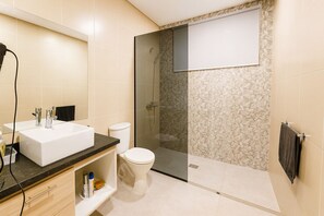 Hair dryer, towels, soap, toilet paper