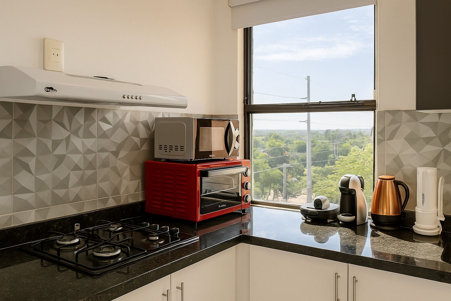 Een microgolfoven, een oven, een kookplaat