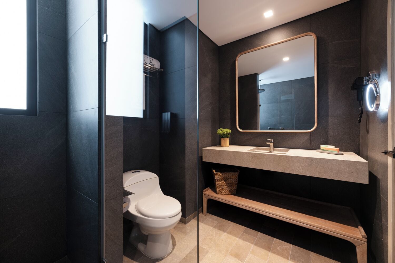 Une salle de bain moderne avec des toilettes, un lavabo et un miroir.