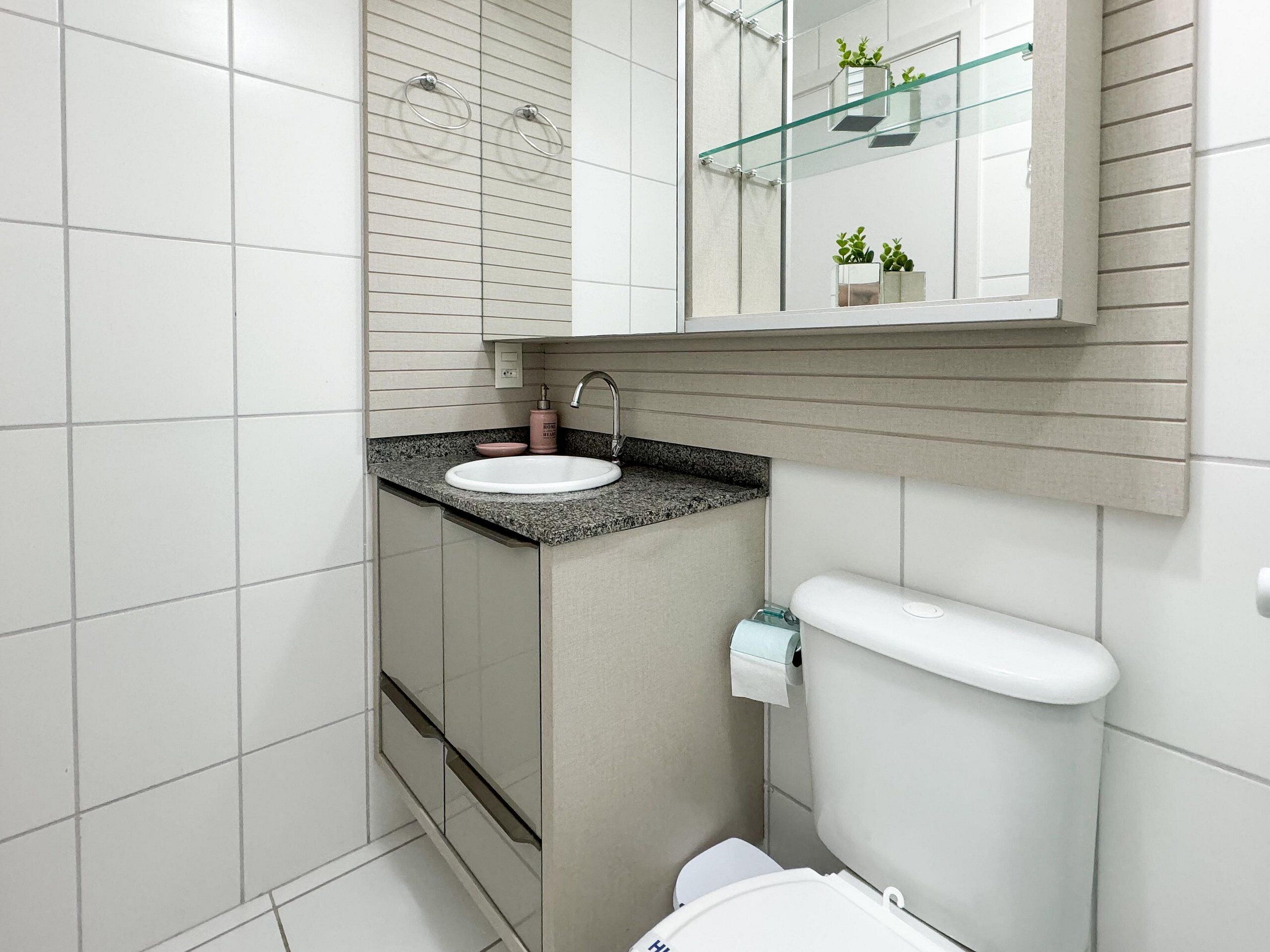Un baño moderno con un lavamanos blanco, un inodoro y un estante de vidrio con plantas.