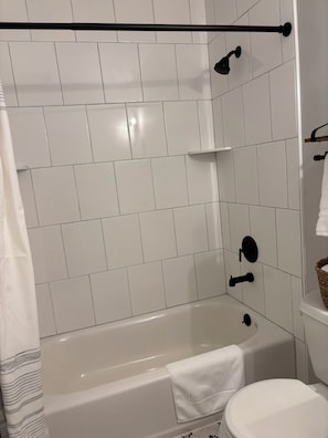 Ducha, secador de pelo, toallas y jabón