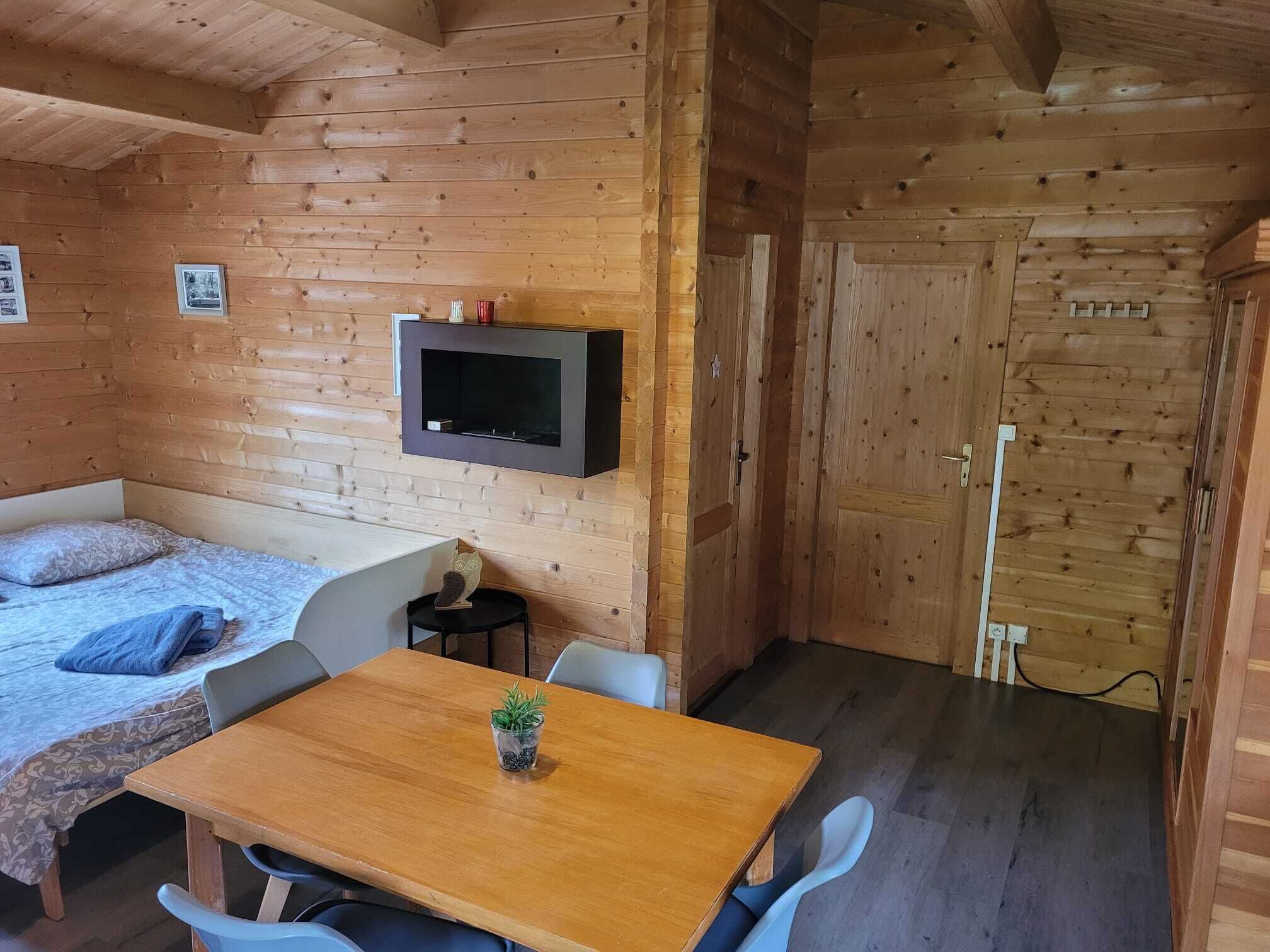 Una habitación de cabaña de madera con una cama, un televisor montado en la pared, una mesita con una planta y una puerta que conduce a otra habitación.