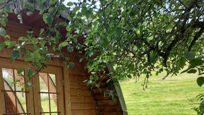 Una cabaña de madera con una entrada curva, una terraza de madera y un patio cubierto de césped.