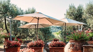 An outdoor patio area with stone steps, potted red flowers, and a large umbrella.