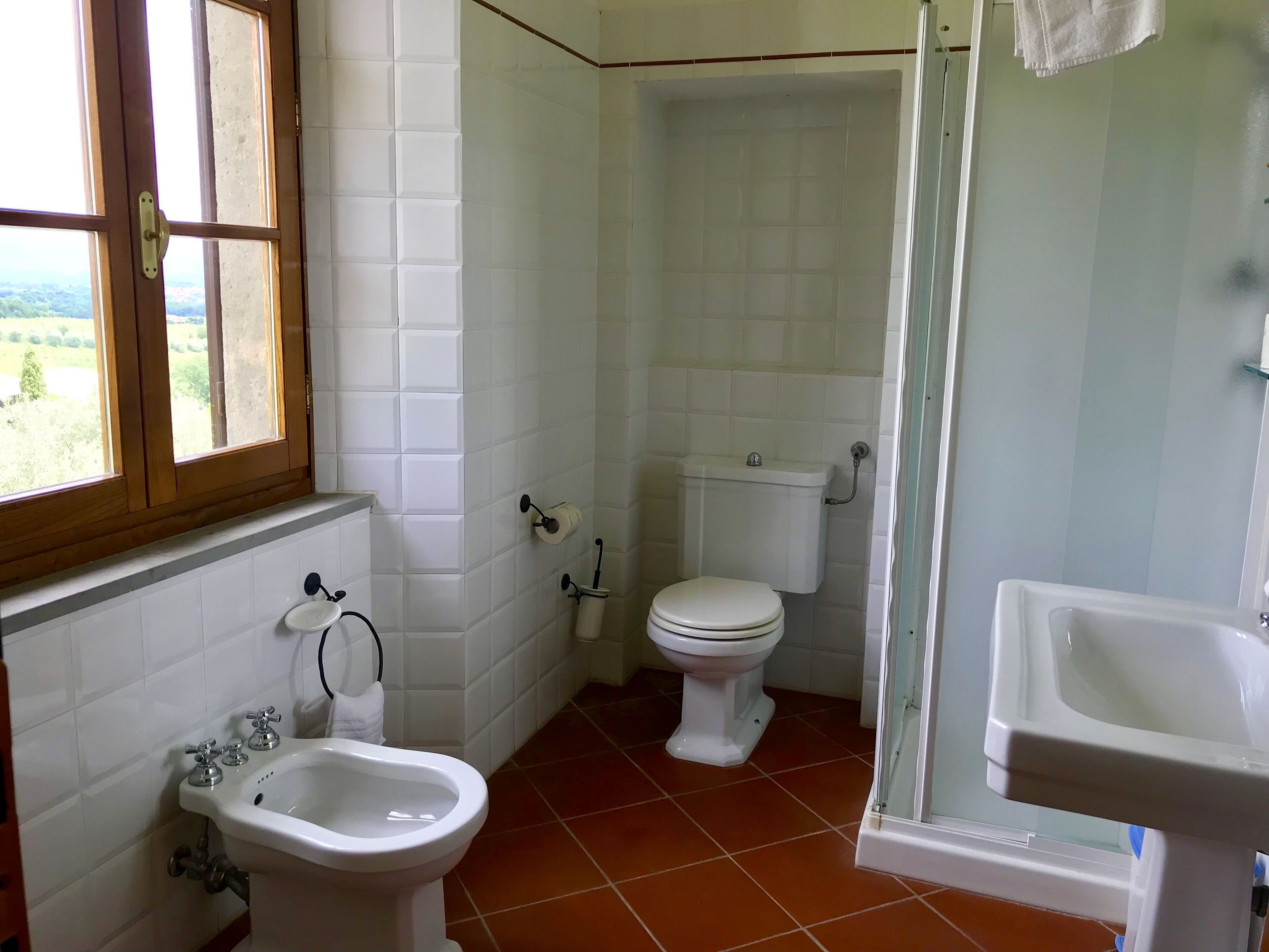 Une salle de bain équipée de toilettes, d’un bidet et d’un lavabo.