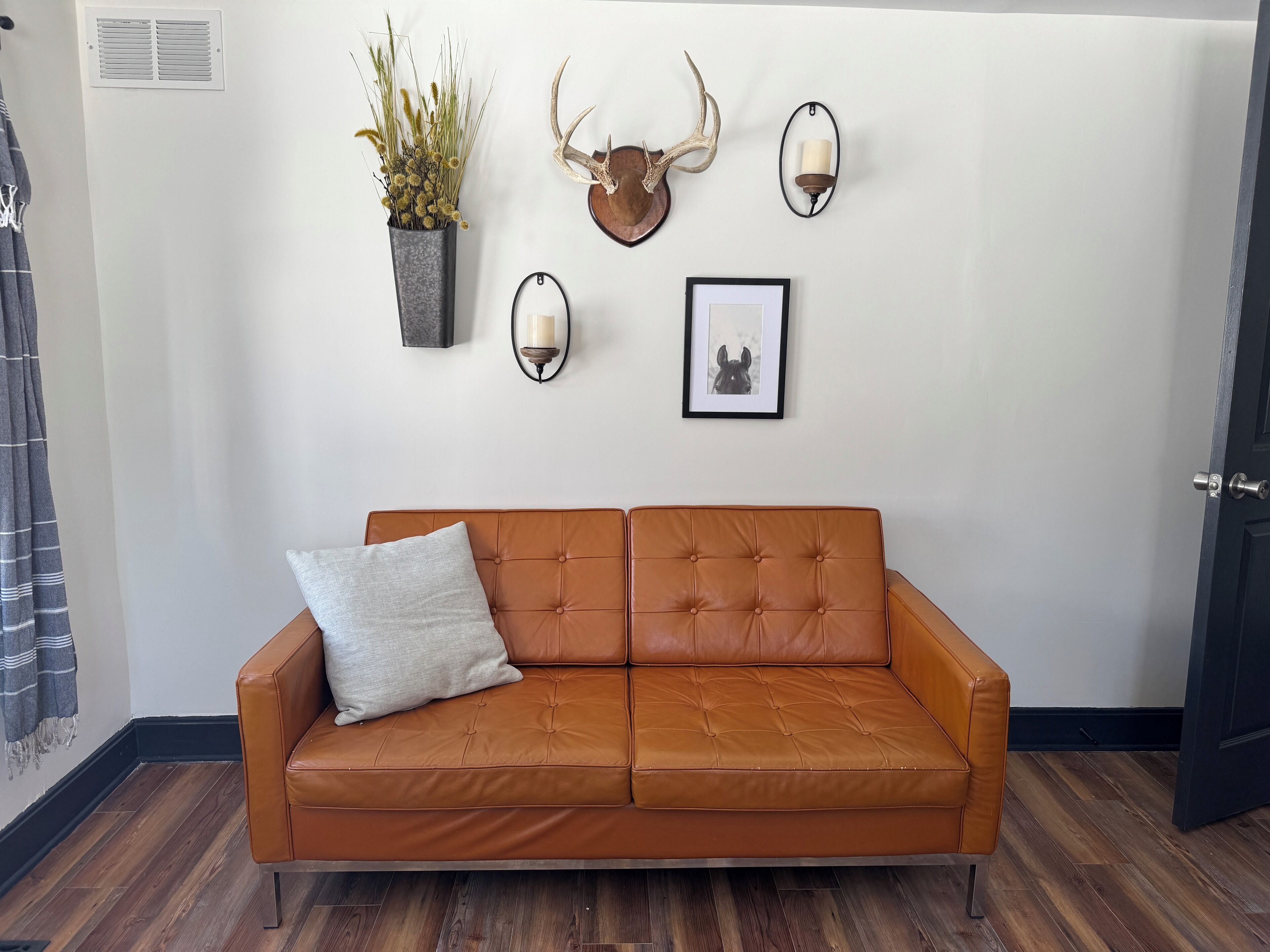 Un sofá de cuero marrón con un solo cojín, una planta de pared, una cabeza de ciervo montada, dos apliques de pared y un cuadro enmarcado.