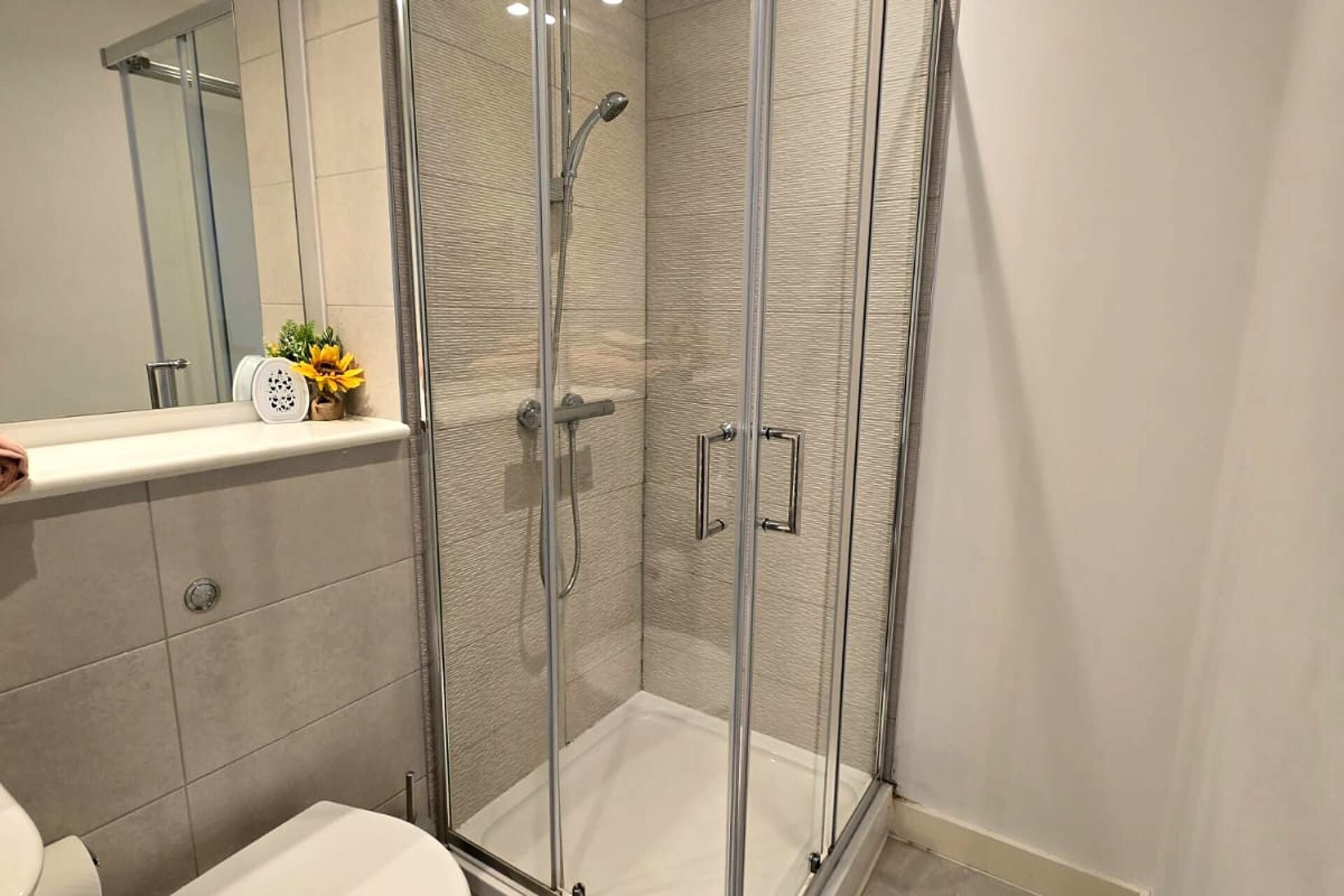 A modern bathroom with a glass-enclosed shower, a white sink, and a mirror above the sink.