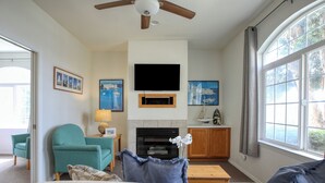 Una sala de estar con chimenea, televisor y ventanas amplias.