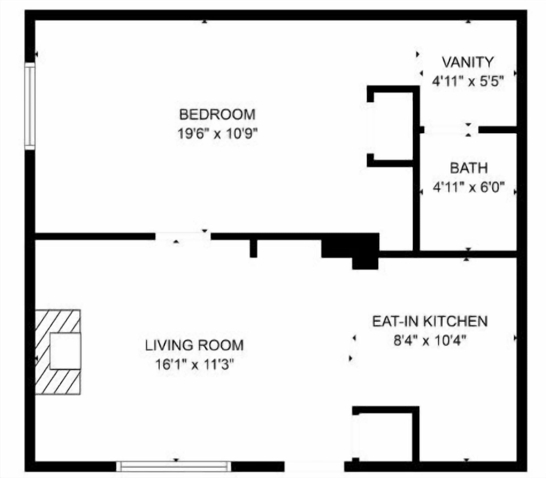 Un plan d’étage comprenant une chambre (196 pouces x 109 pouces), un salon (16 pieds 1 pouce x 11 pieds 3 pouces), un coin toilette (4 pieds 11 pouces x 5 pieds 5 pouces), une salle de bain (4 pieds 11 pouces x 6 pieds 0 pouces) et une cuisine avec coin repas (8 pieds 4 pouces x 10 pieds 4 pouces).