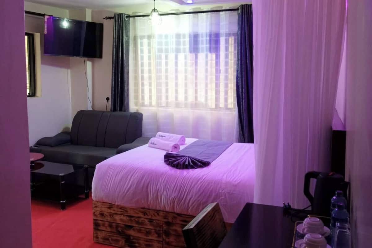 Habitación de hotel con cama, sofá, televisión y ventana con cortinas.