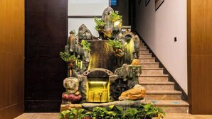 Un escalier agrémenté d’un jardin de rocaille décoratif et d’un petit élément d’eau à sa base.