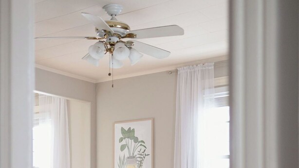 A room with a ceiling fan, a framed plant artwork, a blue sofa, and a wooden table.