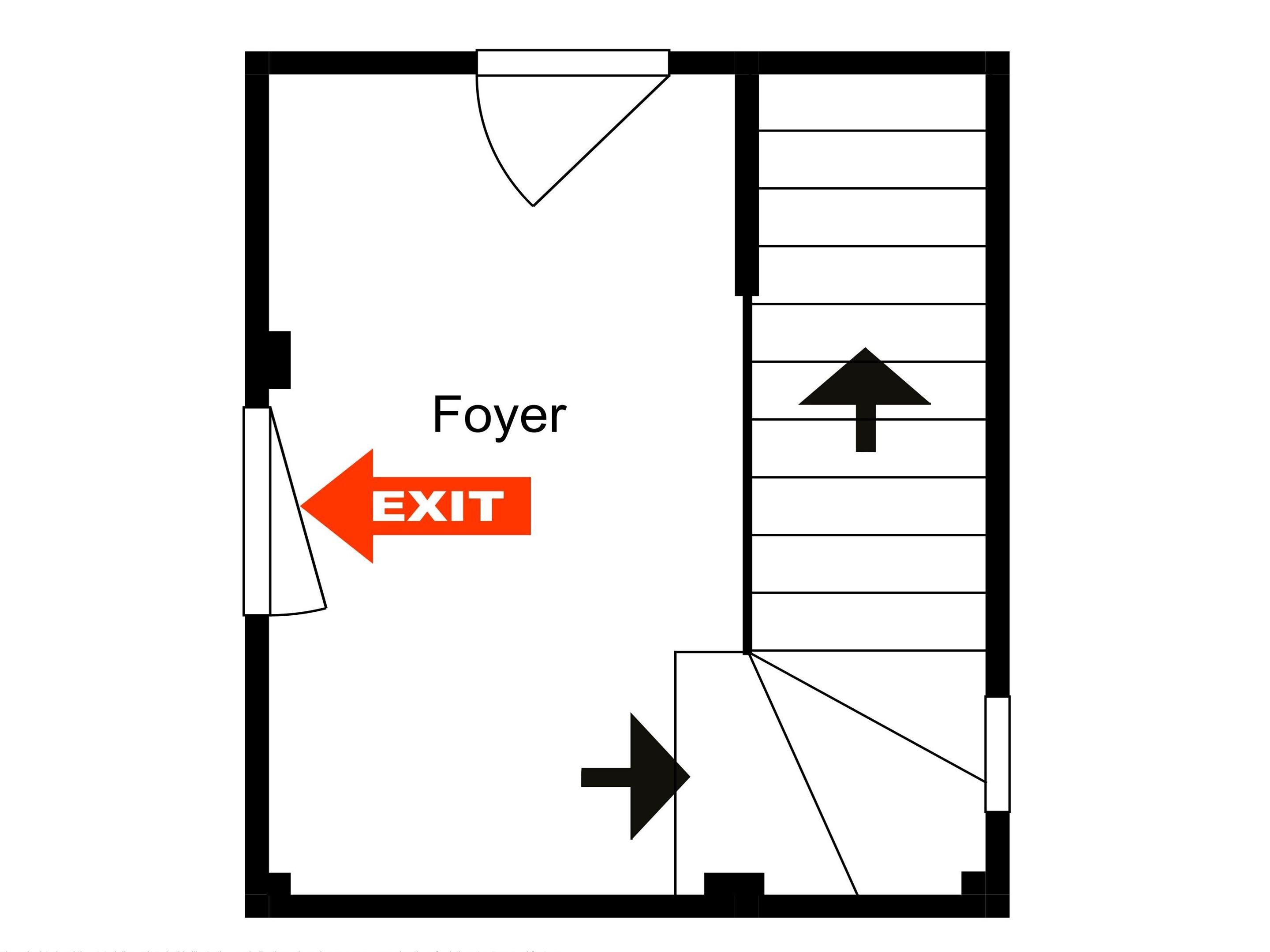 Grundriss mit einem AUSGANG-Schild, das nach links zeigt, einer Treppe mit einem nach oben weisenden Pfeil und der Beschriftung 'Foyer' in der Mitte.