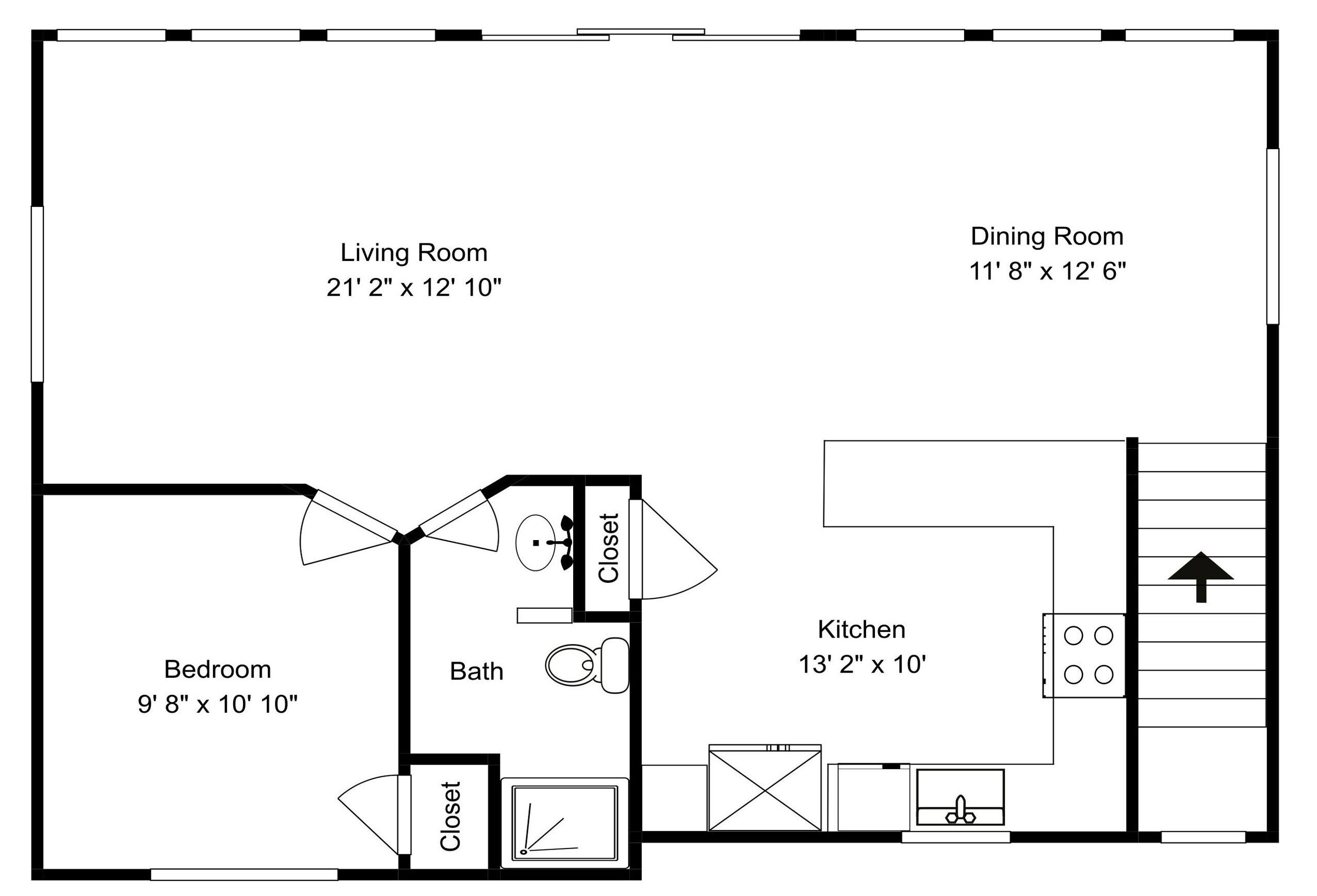 A floor plan of a house with a wood deck, living room, dining room, kitchen, bedroom, bathroom, and closet.