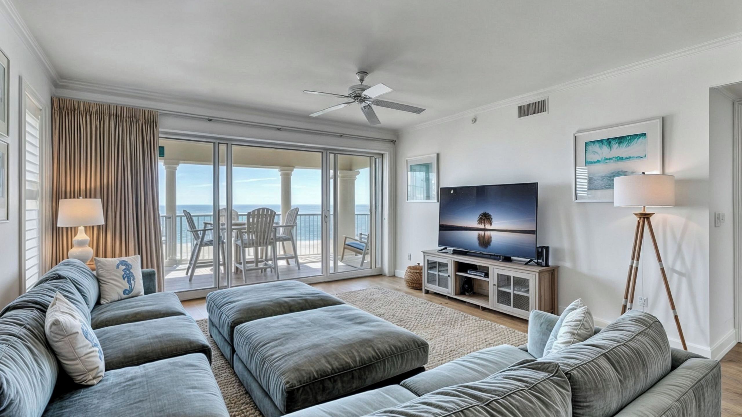 A living room with a TV, sofa, and a balcony with a view of the ocean.