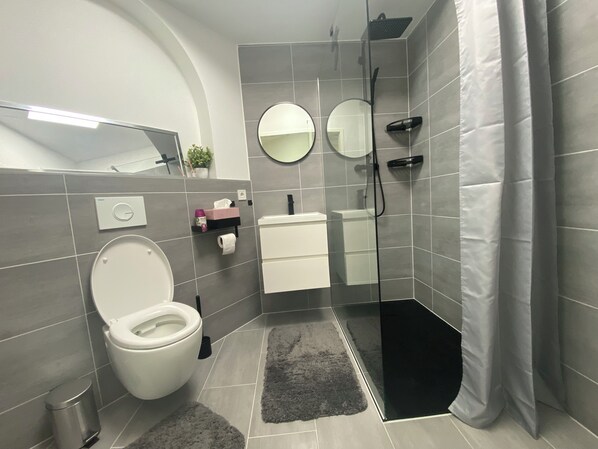 Dusche, Haartrockner, Seife, Toilettenpapier