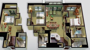 Un hôtel comprenant plusieurs chambres, un espace repas, une cuisine et une salle de bain.