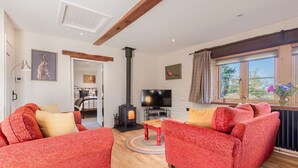 A cozy living room with a fireplace, red patterned sofas, a television, and a window with a view of trees. - Inglewood, Kirkoswald - sleeps 4 guests  in 2 bedrooms (Kirkoswald)