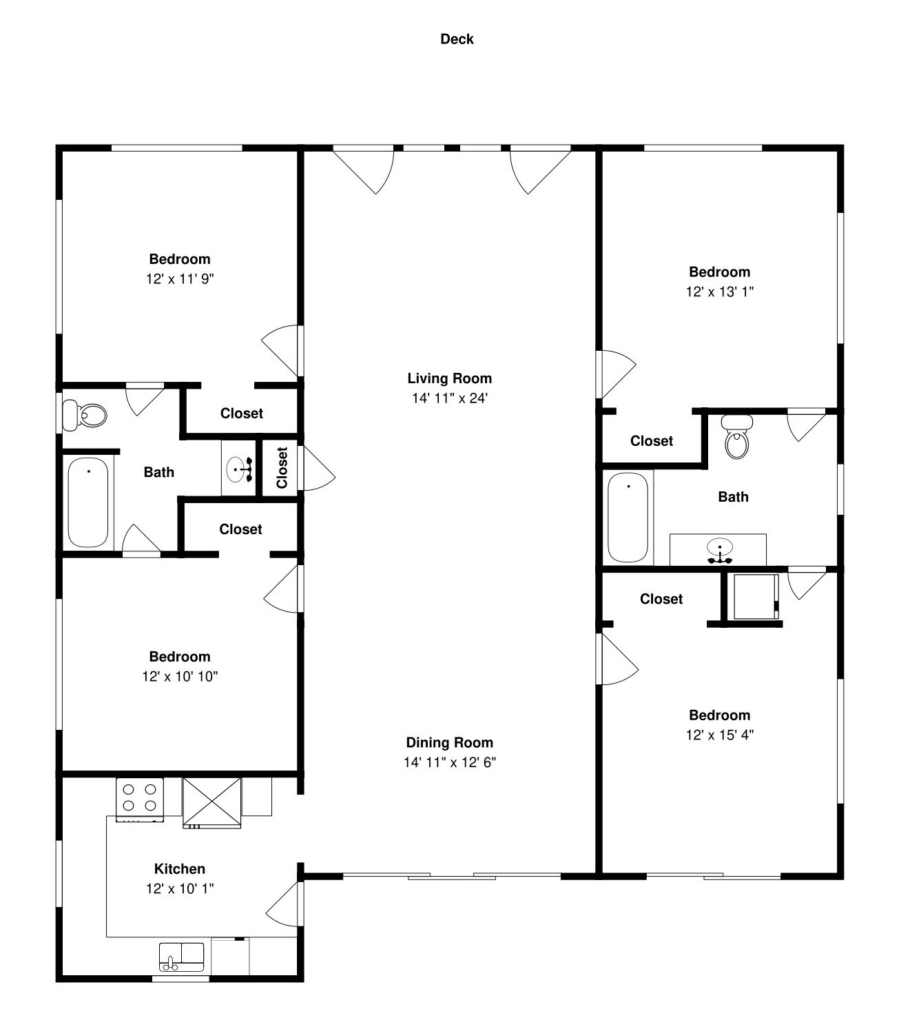 Un plan d’étage d’un appartement de deux chambres, comprenant un salon, une salle à manger, une cuisine et deux salles de bain.