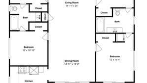 A floor plan of a two-bedroom apartment with a living room, dining room, kitchen, and two bathrooms. - Blue Shamu by Topsail Realty (Holly Ridge)