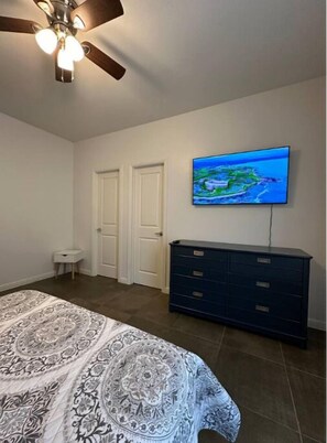1 bedroom, desk, iron/ironing board, travel cot