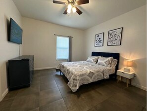1 bedroom, desk, iron/ironing board, travel cot